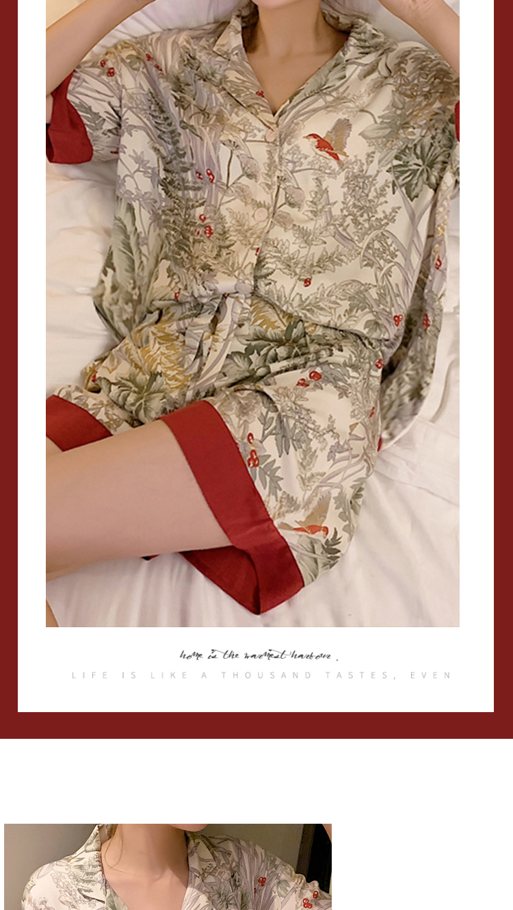 2 Piece Women Set Spring Summer Short Sleeve Pajamas for Woman Silk Fashion Sleepwear Flowers Bird Print Sexy Satin Pajama Set