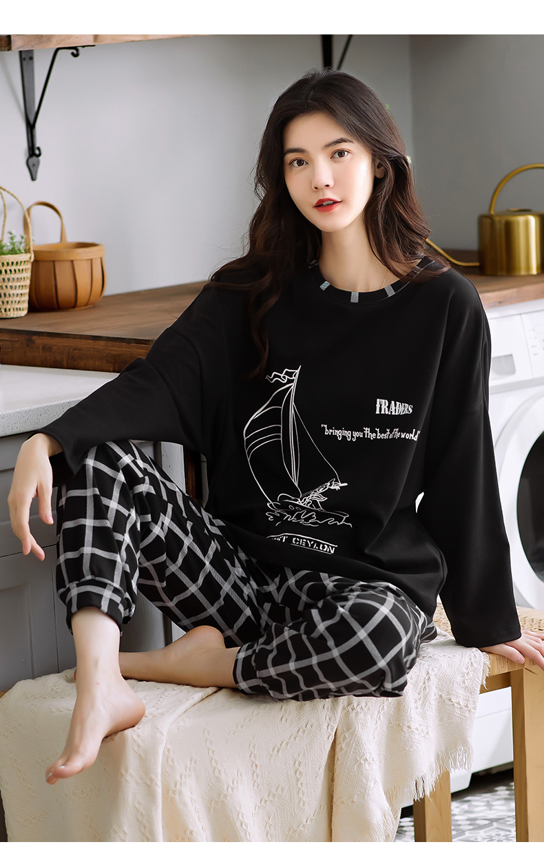 Spring Autumn Knitted Cotton Elegant Women Floral Pajama Sets Sleepwear Casul Lounge Set Plaid Pants Pajamas Womens Home Fashion