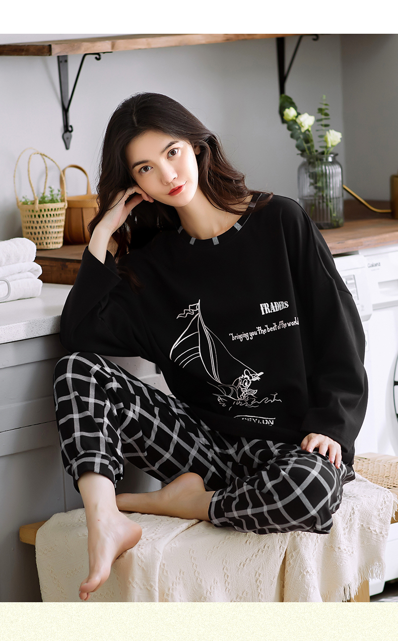 Spring Autumn Knitted Cotton Elegant Women Floral Pajama Sets Sleepwear Casul Lounge Set Plaid Pants Pajamas Womens Home Fashion