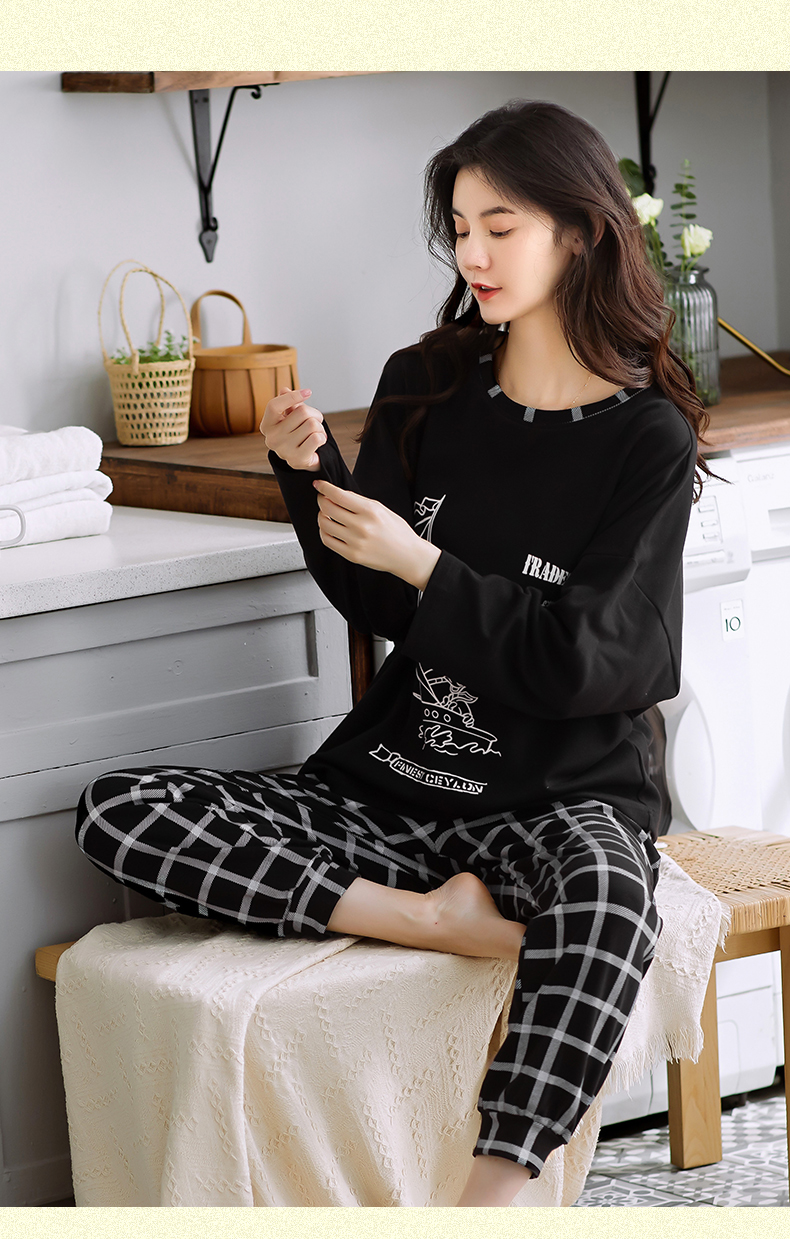 Spring Autumn Knitted Cotton Elegant Women Floral Pajama Sets Sleepwear Casul Lounge Set Plaid Pants Pajamas Womens Home Fashion