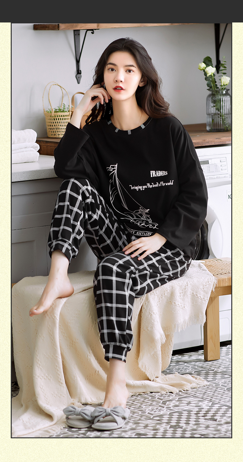 Spring Autumn Knitted Cotton Elegant Women Floral Pajama Sets Sleepwear Casul Lounge Set Plaid Pants Pajamas Womens Home Fashion