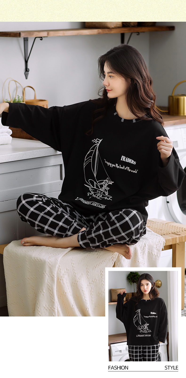 Spring Autumn Knitted Cotton Elegant Women Floral Pajama Sets Sleepwear Casul Lounge Set Plaid Pants Pajamas Womens Home Fashion