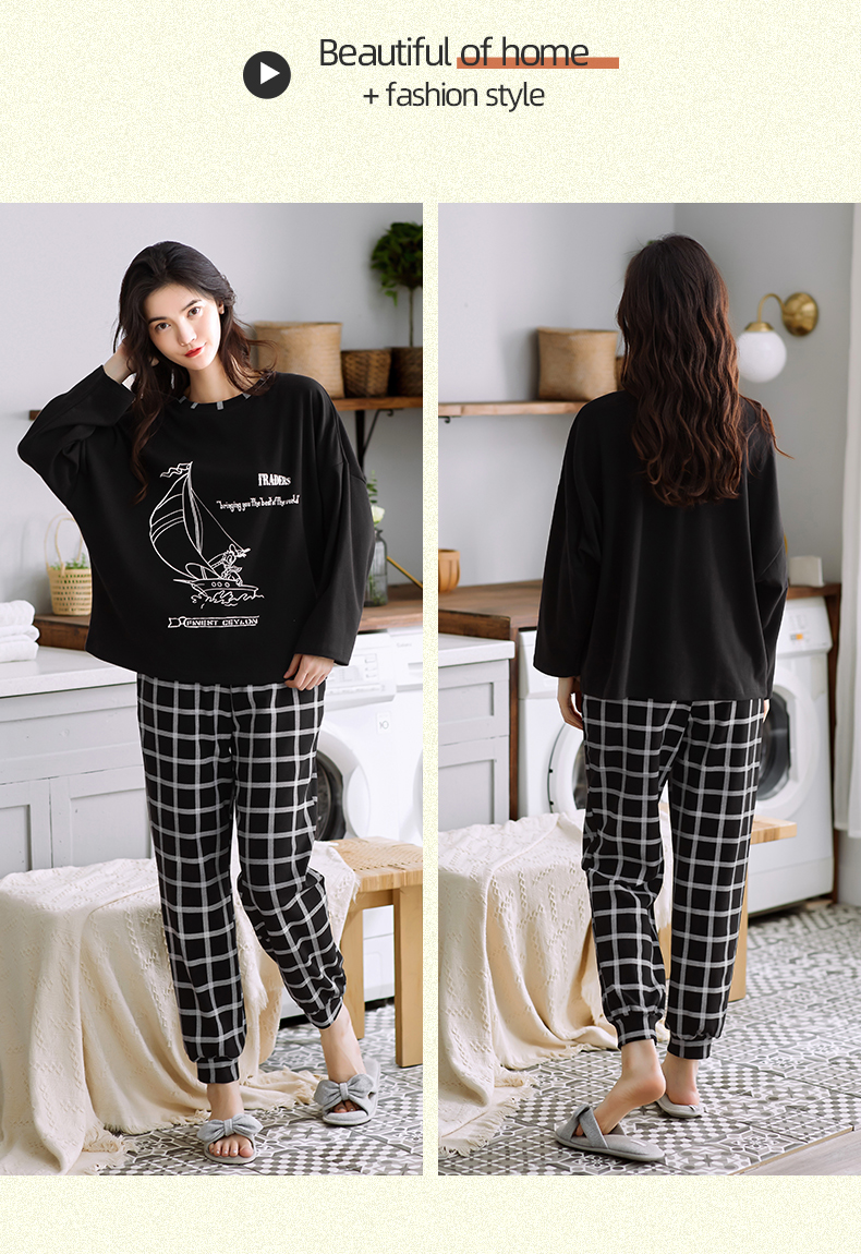Spring Autumn Knitted Cotton Elegant Women Floral Pajama Sets Sleepwear Casul Lounge Set Plaid Pants Pajamas Womens Home Fashion