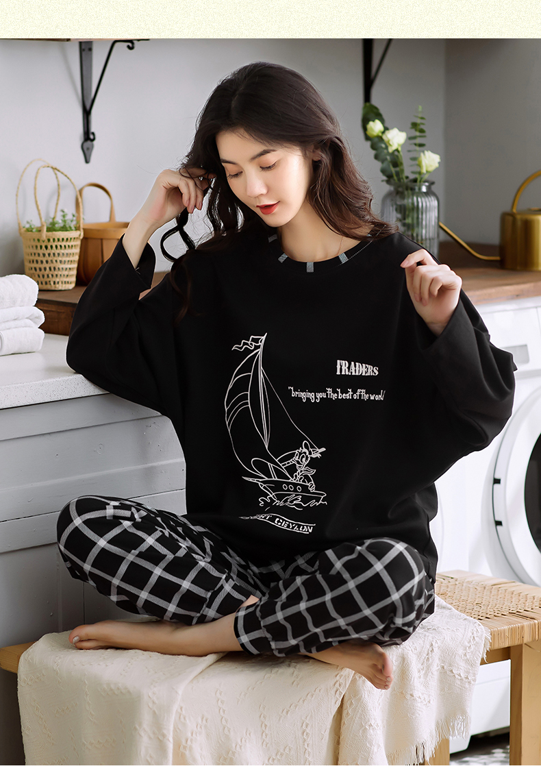 Spring Autumn Knitted Cotton Elegant Women Floral Pajama Sets Sleepwear Casul Lounge Set Plaid Pants Pajamas Womens Home Fashion