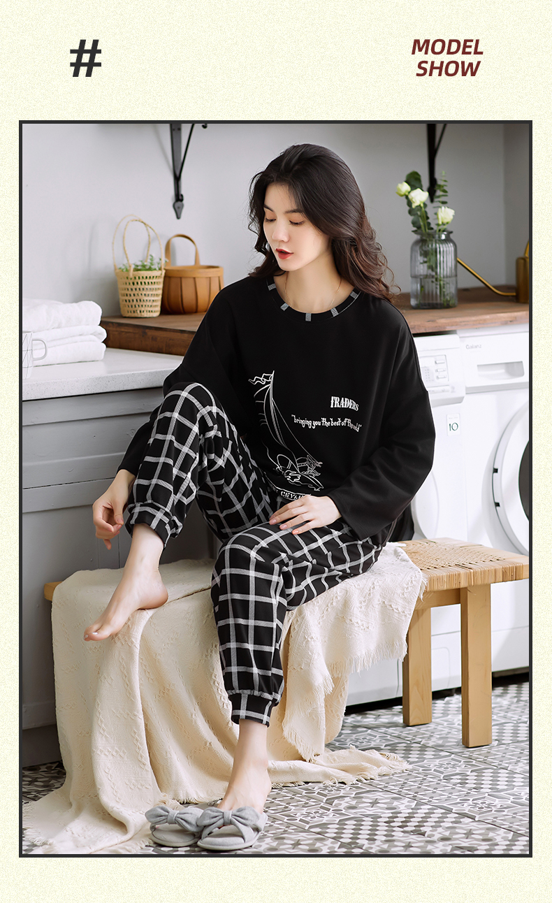 Spring Autumn Knitted Cotton Elegant Women Floral Pajama Sets Sleepwear Casul Lounge Set Plaid Pants Pajamas Womens Home Fashion