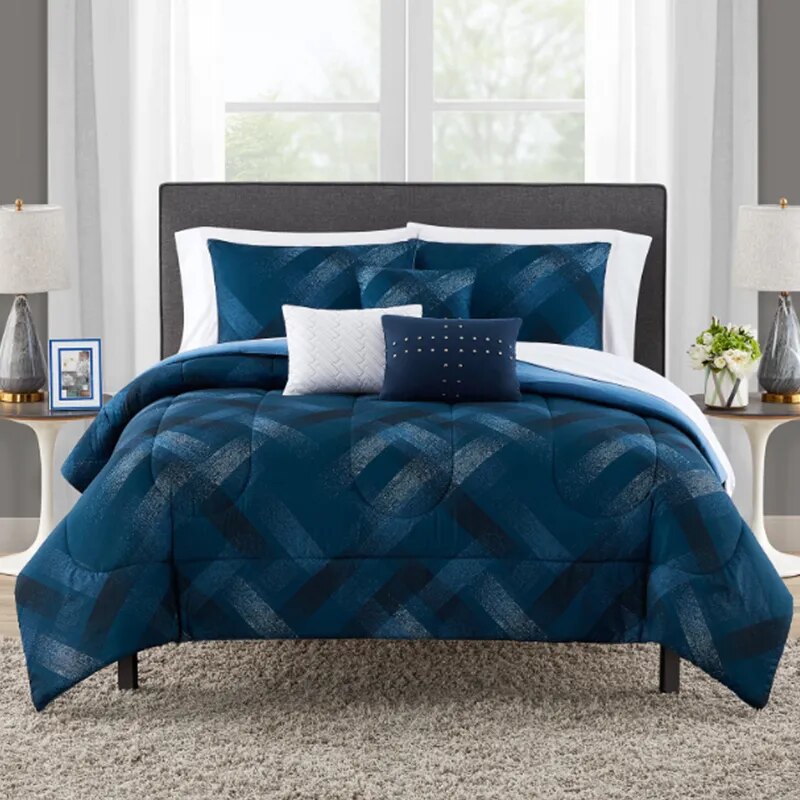 Navy Plaid 10 Piece Bed in a Bag Comforter Set With Sheets Navy Plaid 10 Piece Bed in a Bag Comforter Set With Sheets