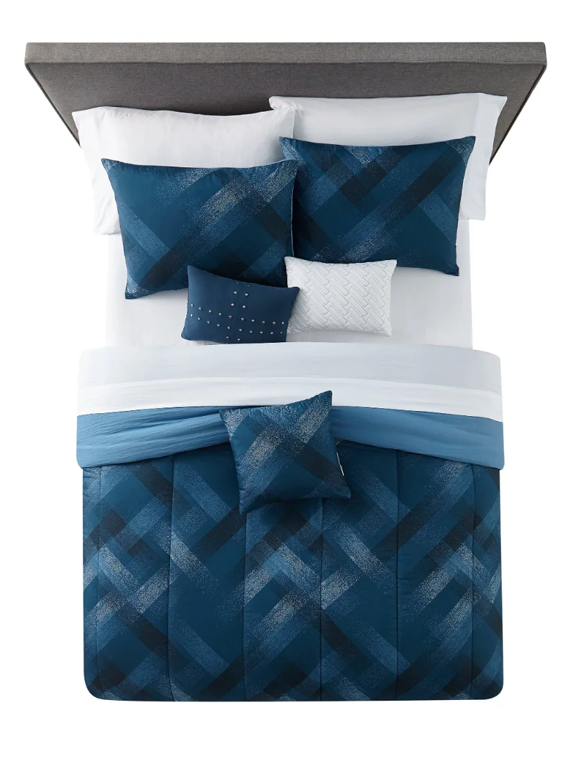 Navy Plaid 10 Piece Bed in a Bag Comforter Set With Sheets Navy Plaid 10 Piece Bed in a Bag Comforter Set With Sheets