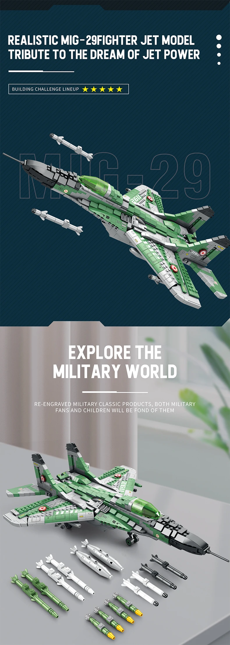 MIG-29 Fighter Jet Building Block Set, Military Aircraft Building Kit for Adults, Kids 14+, 1837 Pcs, Educational Toy Great Gift MIG-29 Fighter Jet Building Block Set, Military Aircraft Building Kit for Adults, Kids 14+, 1837 Pcs, Educational Toy Great Gift