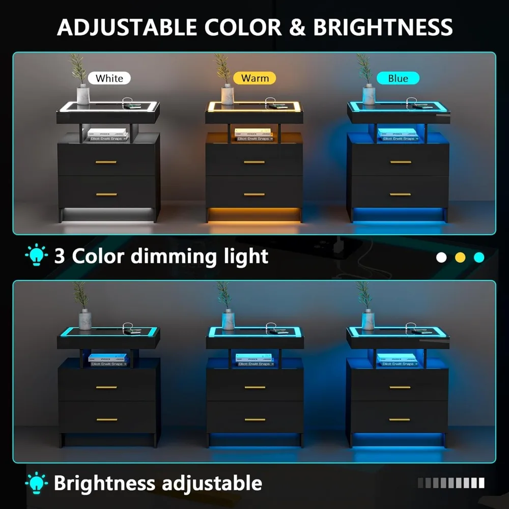 wireless charging led nightstand with smart storage, dual drawers, tempered glass top, and 3-color adjustable lighting wireless charging led nightstand with smart storage, dual drawers, tempered glass top, and 3-color adjustable lighting