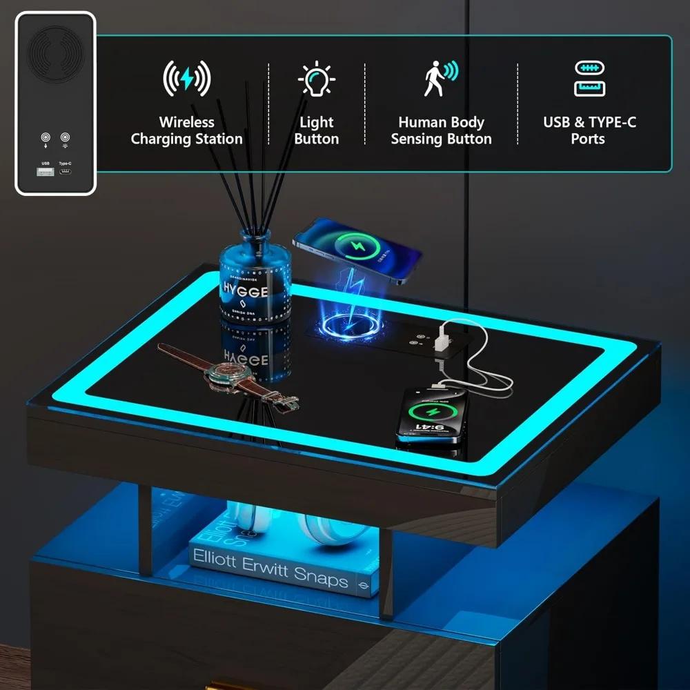 wireless charging led nightstand with smart storage, dual drawers, tempered glass top, and 3-color adjustable lighting wireless charging led nightstand with smart storage, dual drawers, tempered glass top, and 3-color adjustable lighting