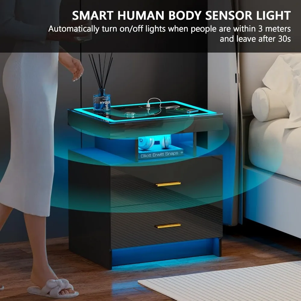 wireless charging led nightstand with smart storage, dual drawers, tempered glass top, and 3-color adjustable lighting wireless charging led nightstand with smart storage, dual drawers, tempered glass top, and 3-color adjustable lighting
