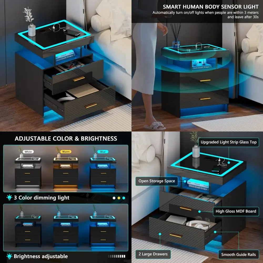 wireless charging led nightstand with smart storage, dual drawers, tempered glass top, and 3-color adjustable lighting wireless charging led nightstand with smart storage, dual drawers, tempered glass top, and 3-color adjustable lighting