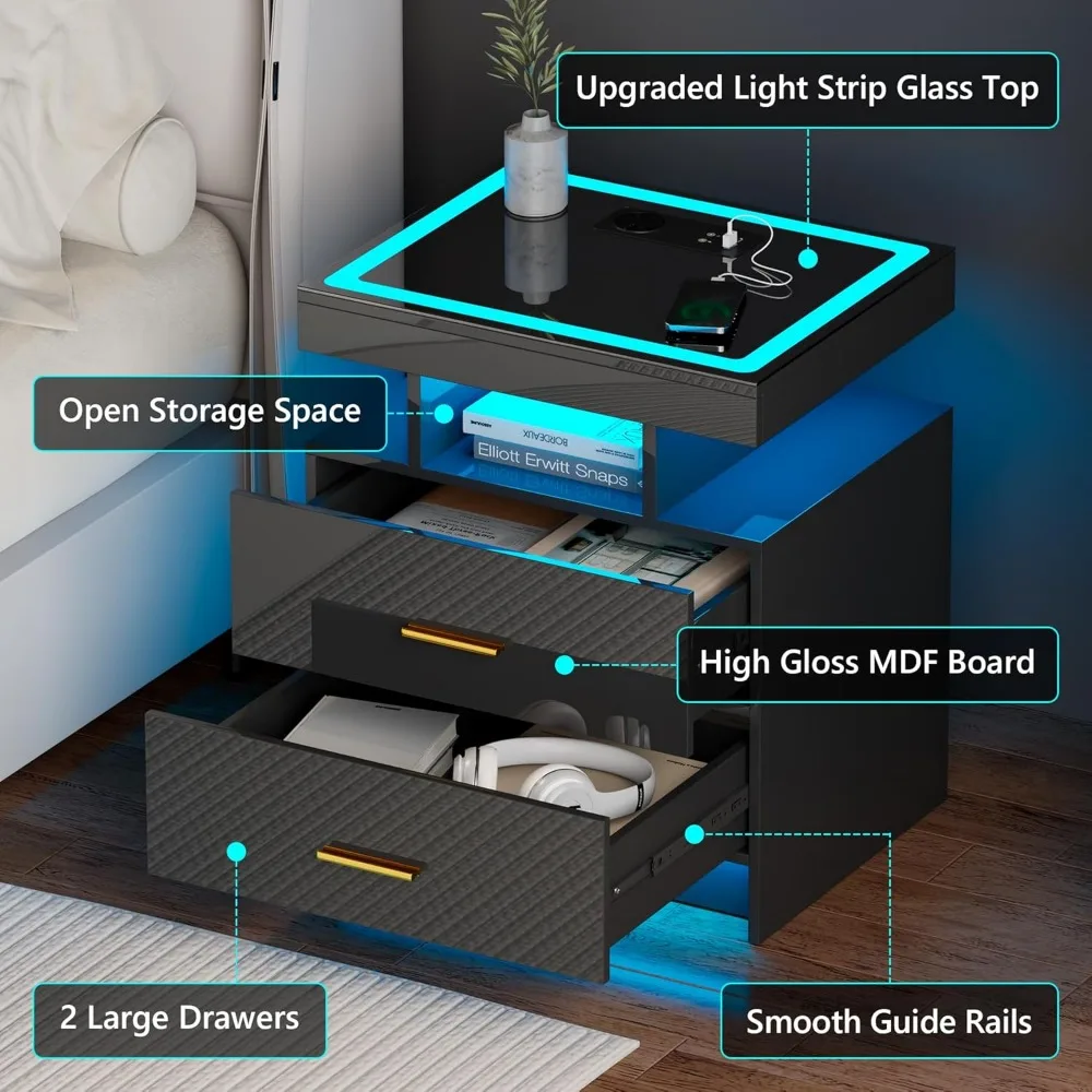 wireless charging led nightstand with smart storage, dual drawers, tempered glass top, and 3-color adjustable lighting