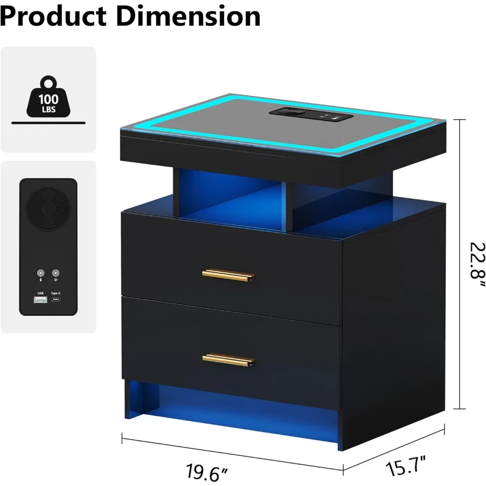 wireless charging led nightstand with smart storage, dual drawers, tempered glass top, and 3-color adjustable lighting wireless charging led nightstand with smart storage, dual drawers, tempered glass top, and 3-color adjustable lighting